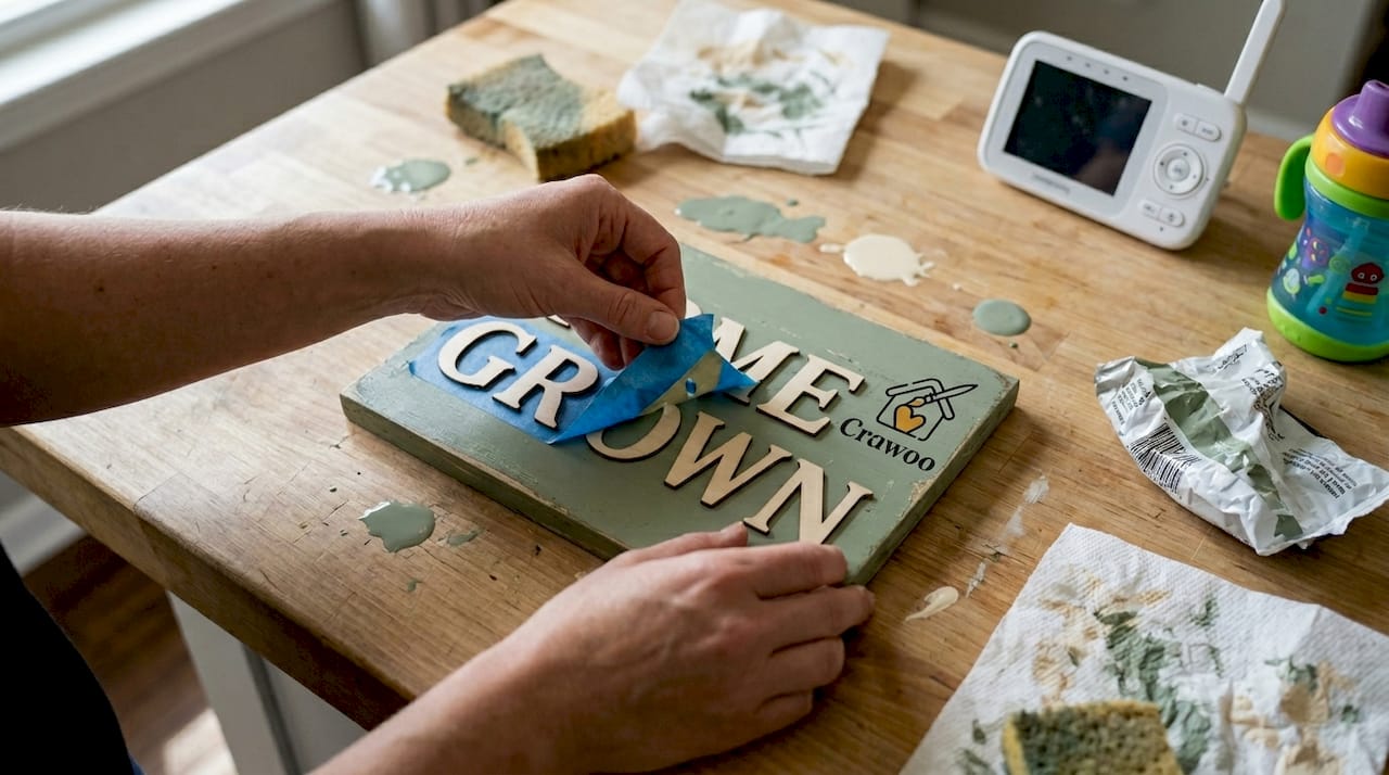 Hands peeling stickers from painted wooden plaque