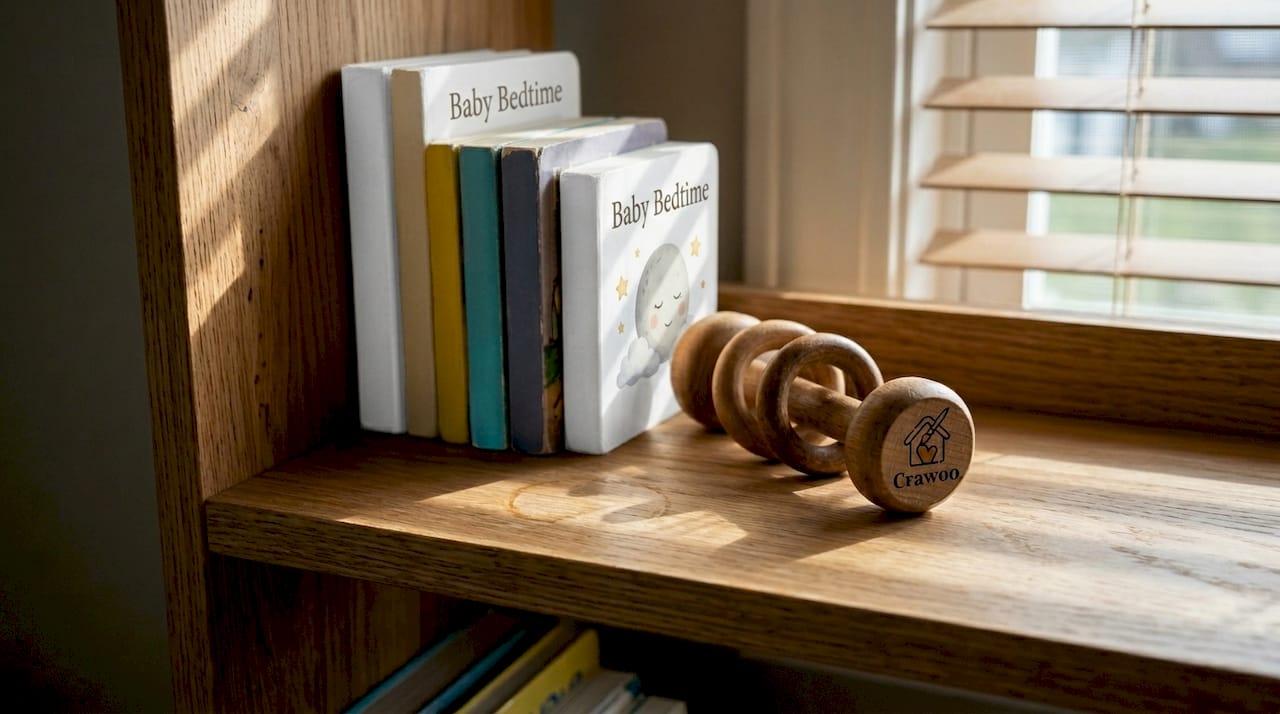 Hardwood nursery shelf with safe wood finish