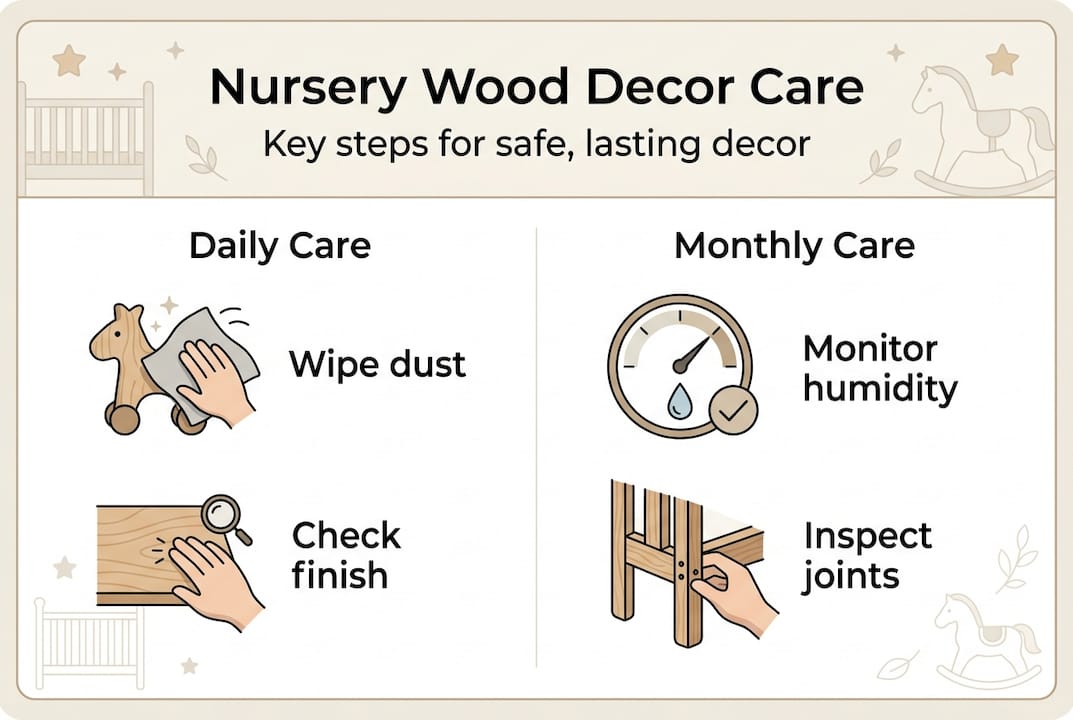 Infographic on nursery wood decor care steps