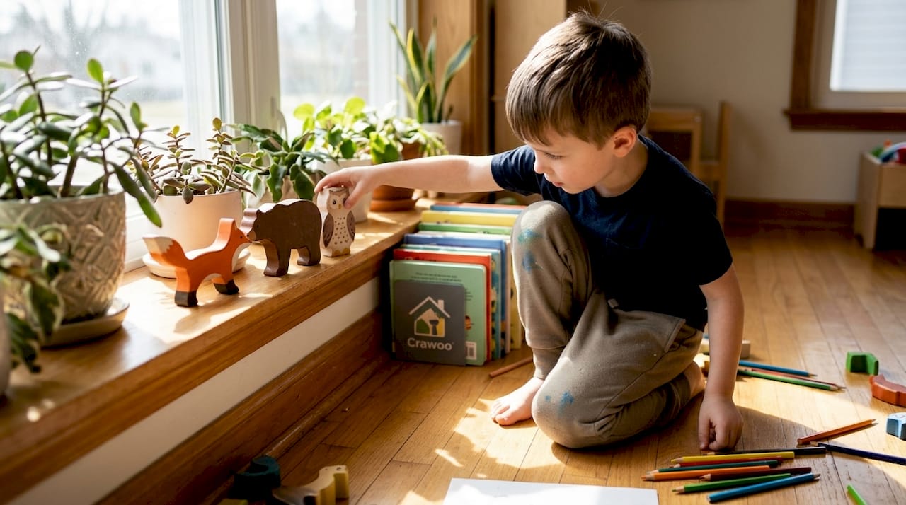Child arranging wood animal shapes on floor