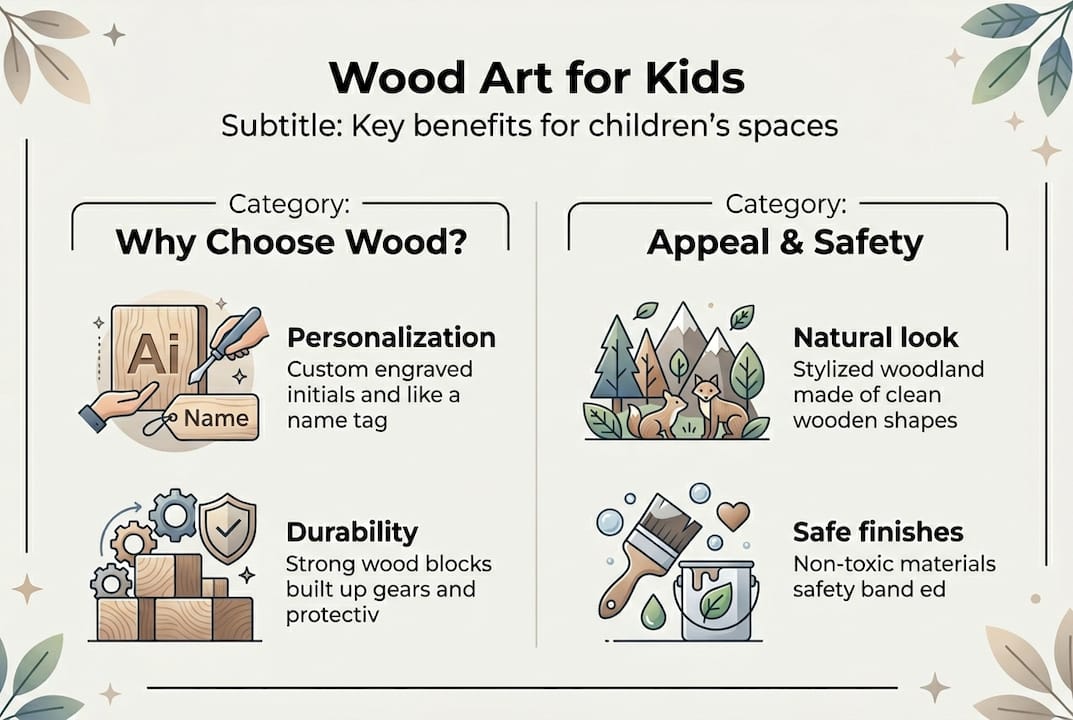 Infographic outlining wood art benefits for kids