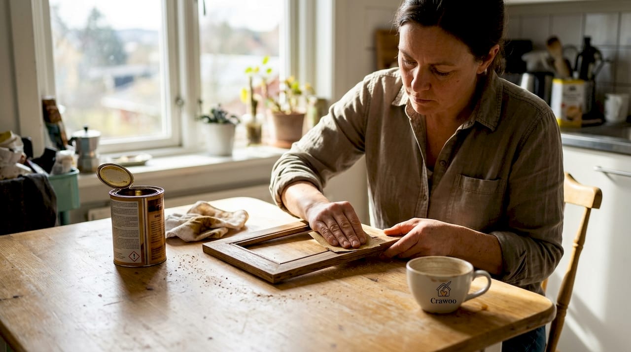 Woman refinishing scratched wood picture frame