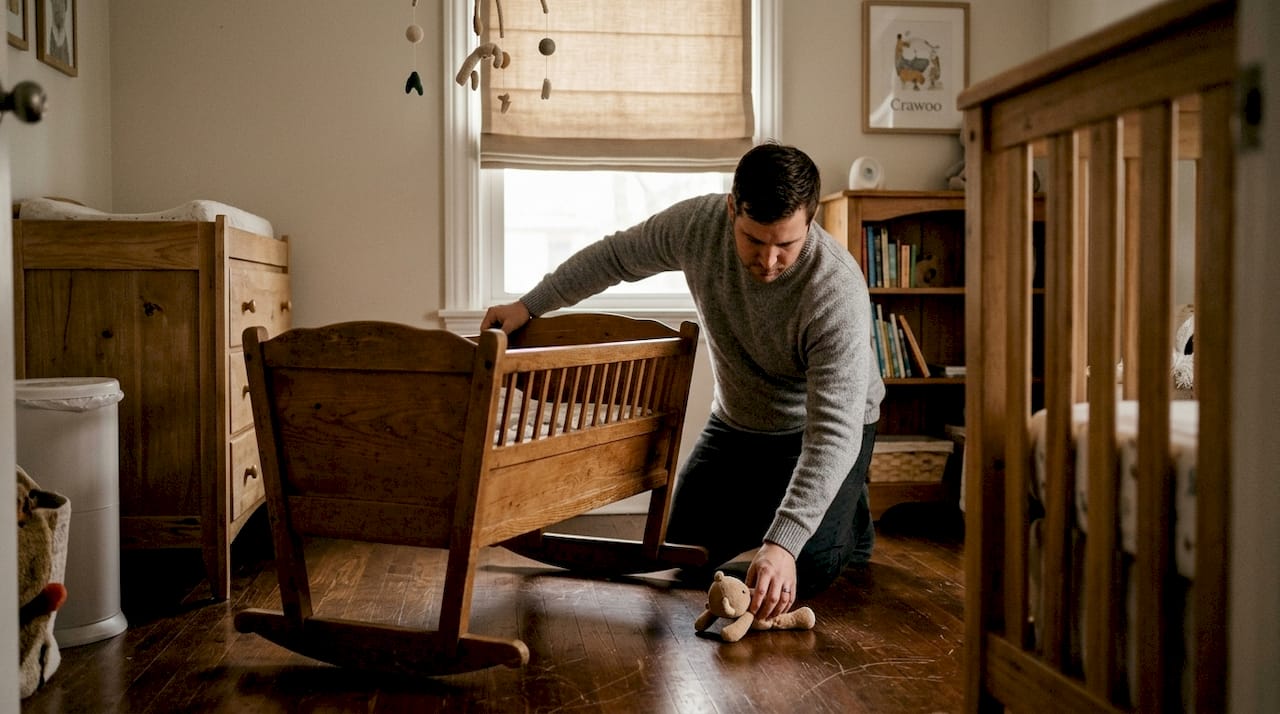 Father rocking antique wooden cradle in nursery