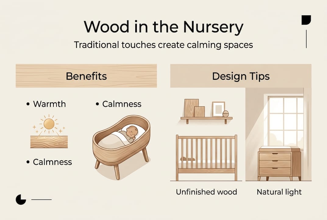 Infographic about benefits and tips for wood nursery decor