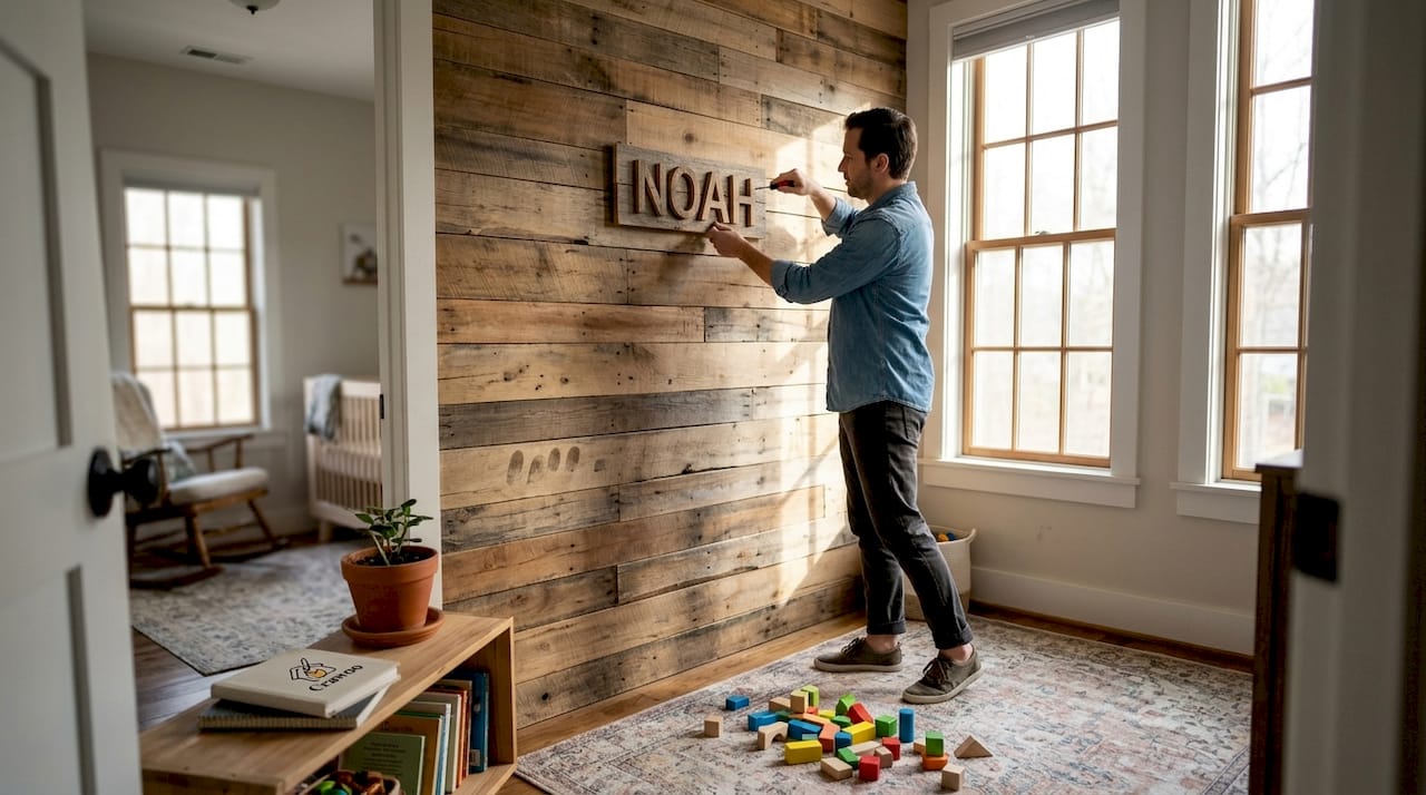 Designer placing name sign on wood accent wall
