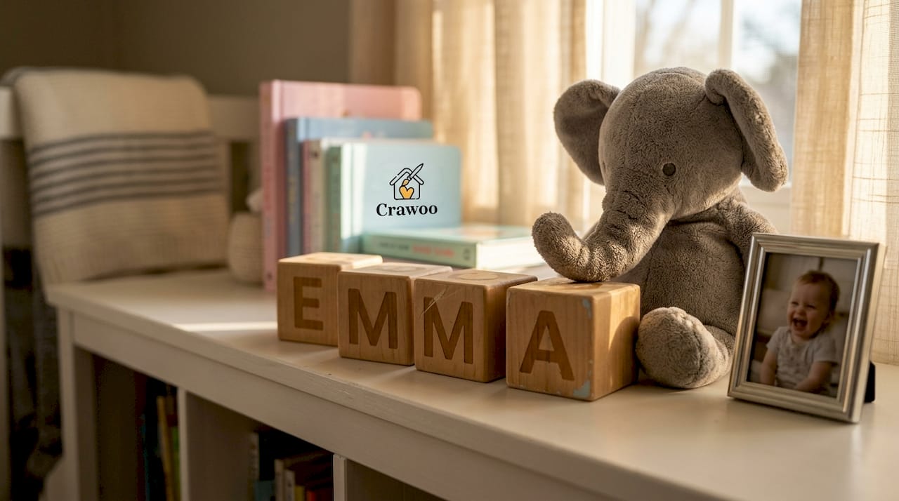 Nursery blocks on shelf with toys and books