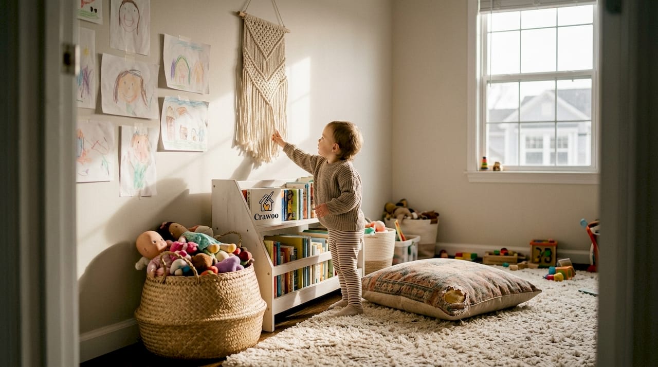 Toddler exploring plush nursery decor textures