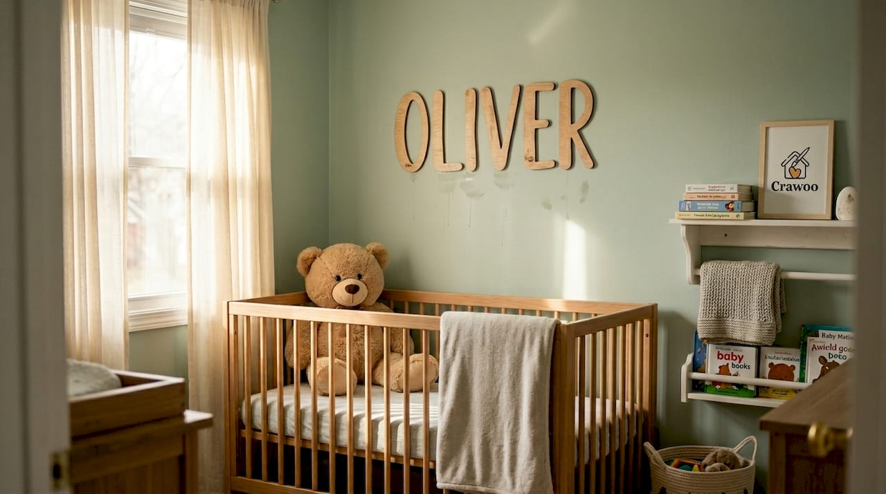 Wood name sign above nursery crib