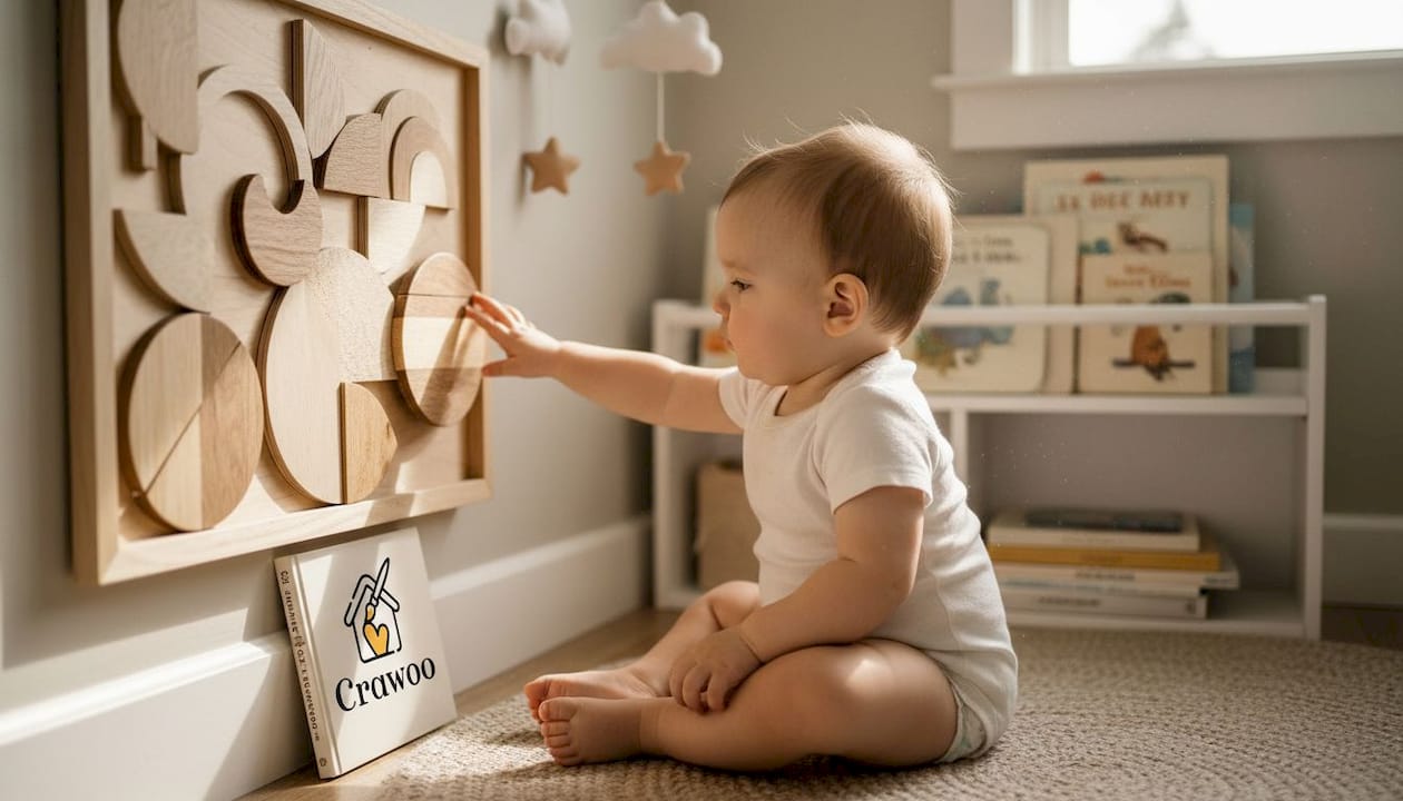 Baby touching textured wooden wall art