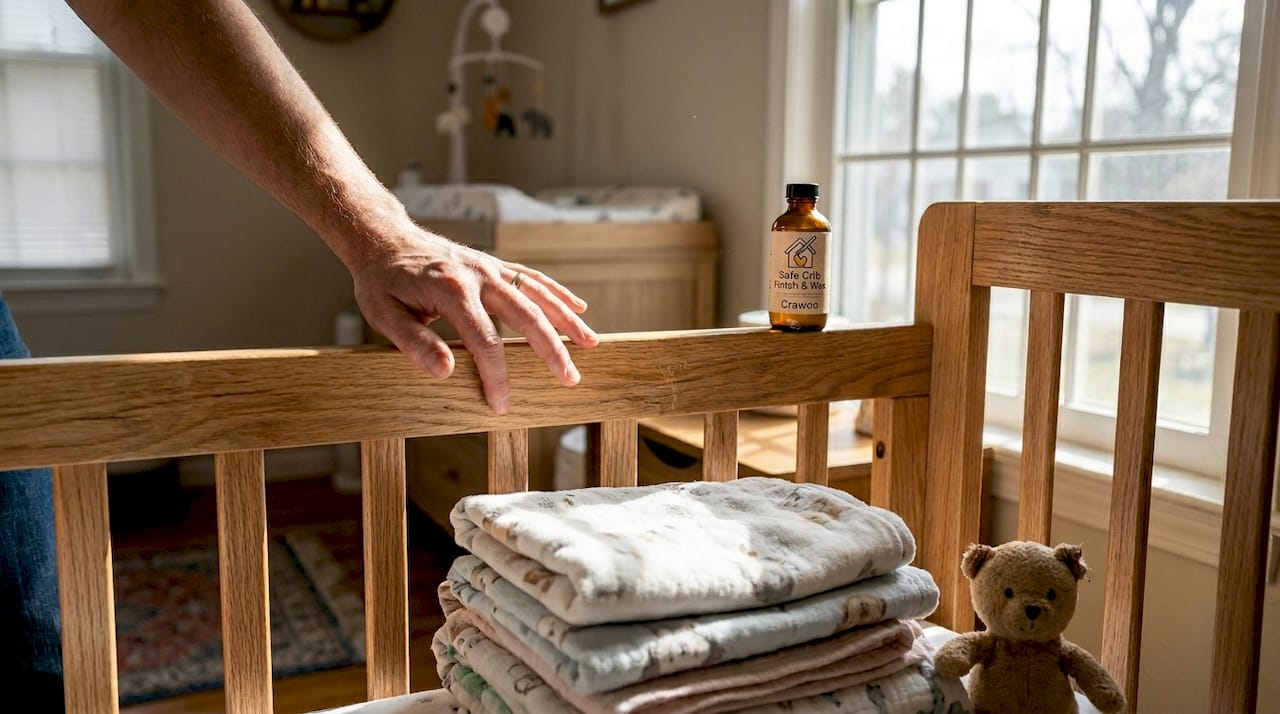 Adult checks crib wood for safety