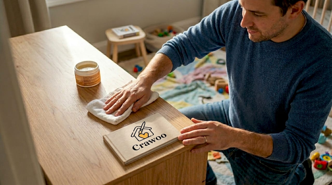 Parent cleaning wooden toddler dresser surface