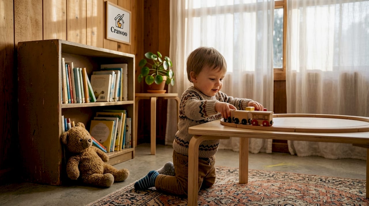 Toddler playing in wood-paneled nursery
