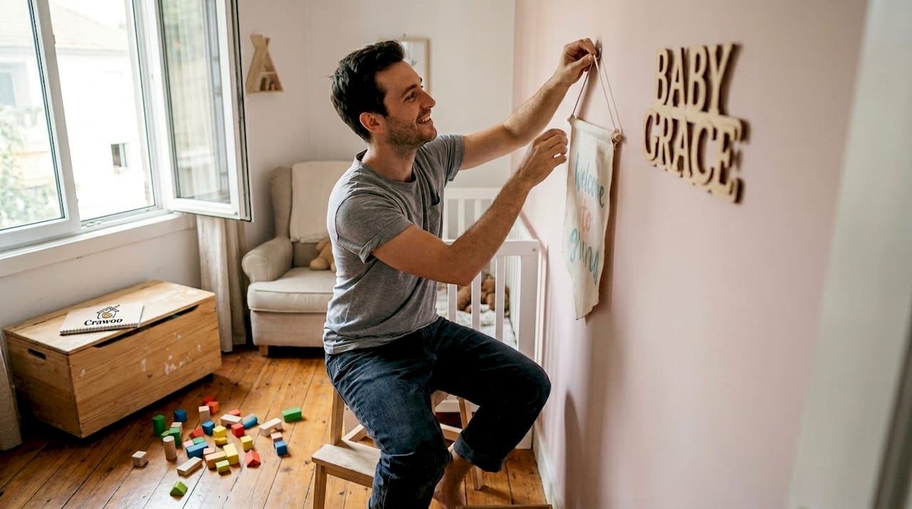 Father mounting banner by wooden name sign