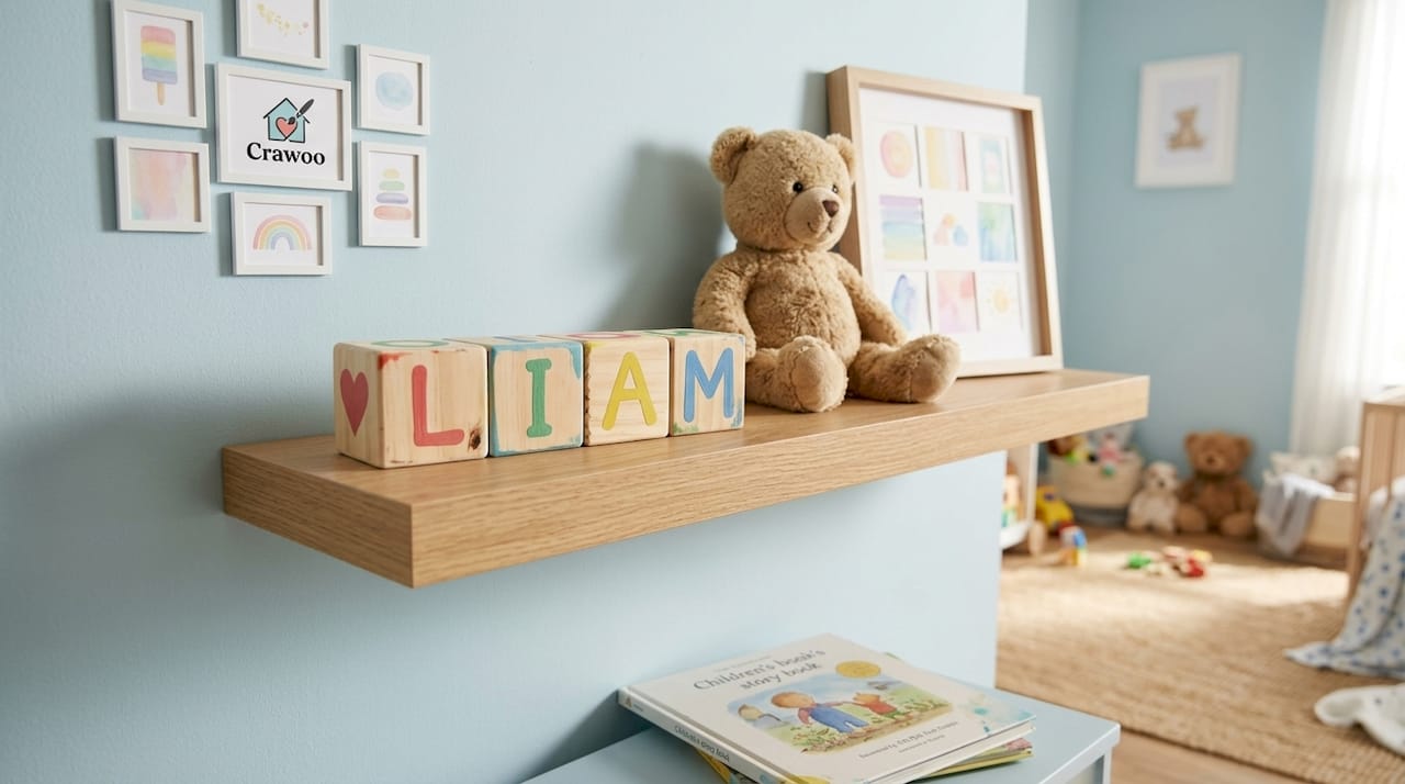 Wooden nursery blocks displayed on shelf