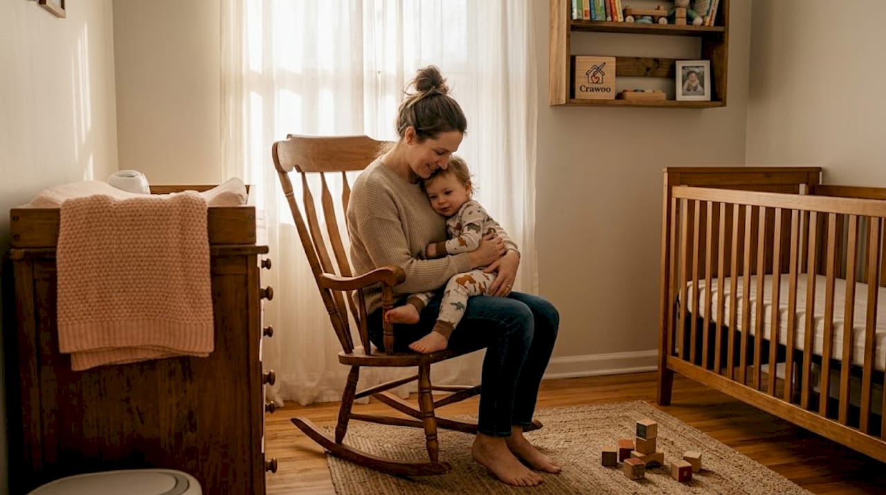 Mother rocking child in eco-friendly nursery