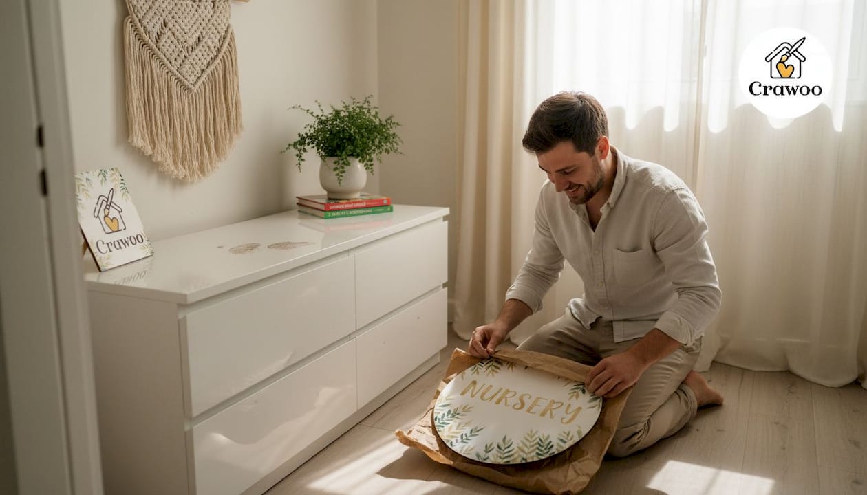 Father unpacks boho botanical nursery sign
