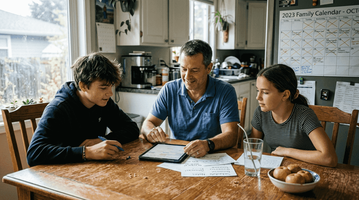 Family organizing shared calendar around kitchen table
