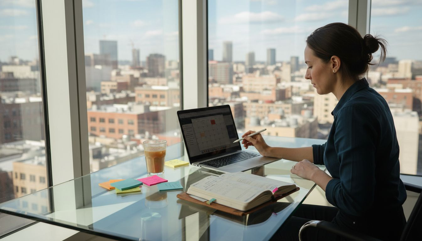 Professional planning schedule in bright corner office
