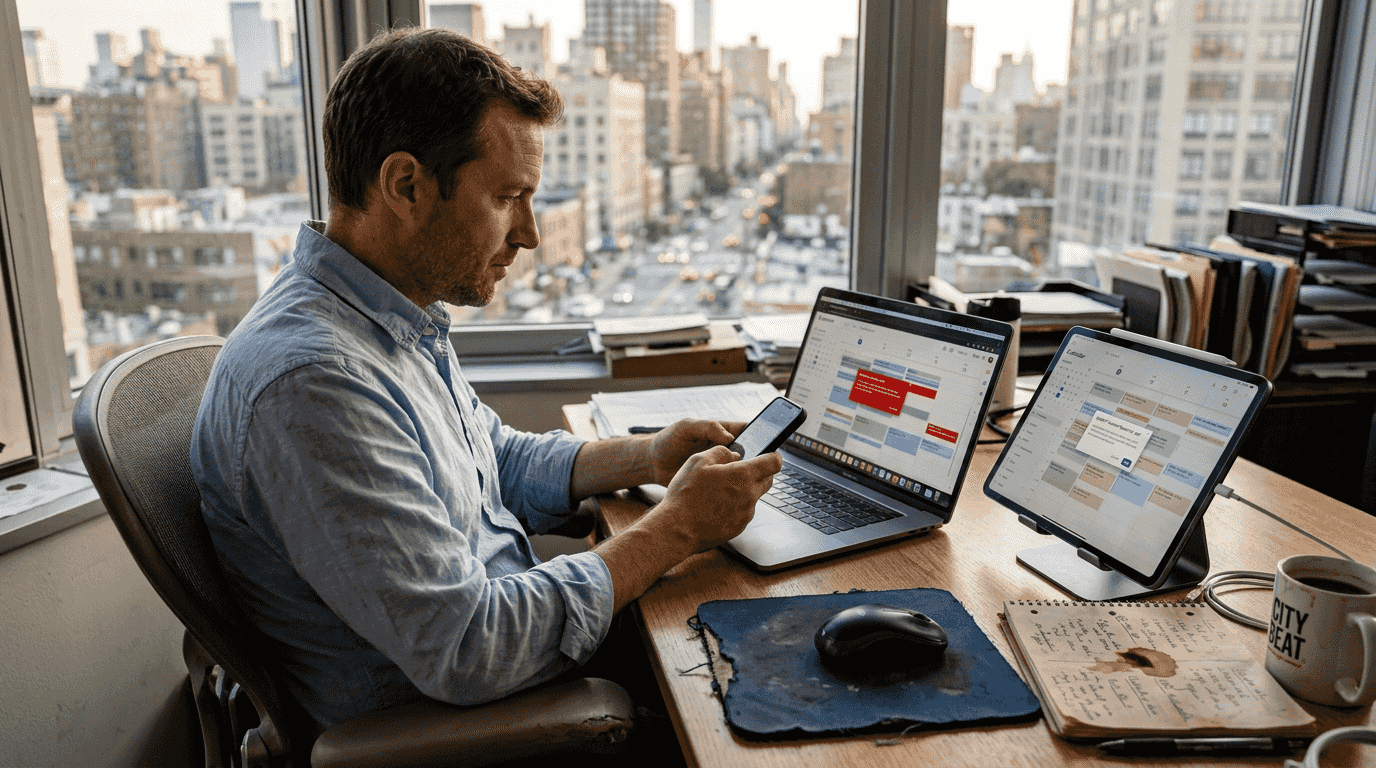 Man managing digital calendars across devices