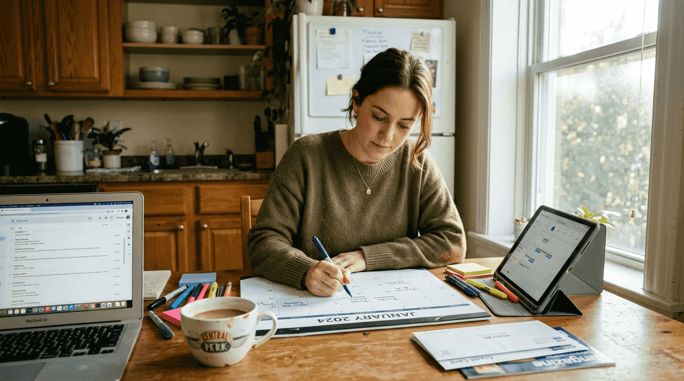 Woman organizing schedule with calendar templates
