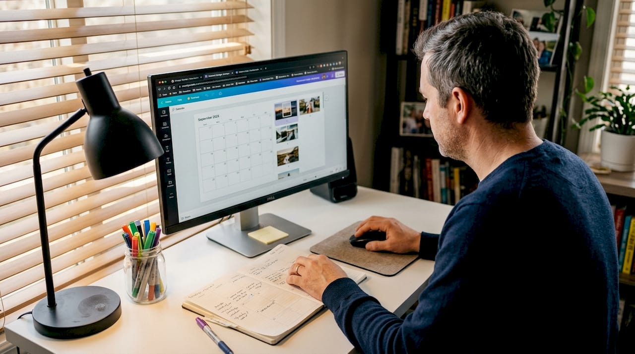 Hombre editando un calendario personalizado en la pantalla del ordenador