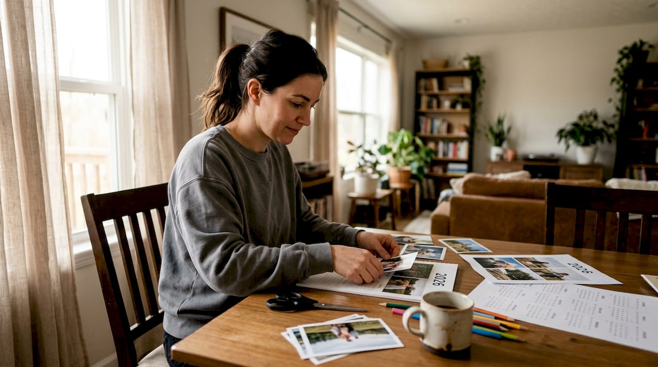 Mujer preparando un calendario hecho en casa en la mesa de comedor