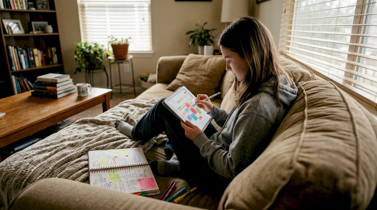 Teenager aktualisiert digitale und Papier-Feierkalender