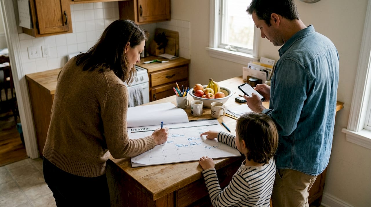 Familie organisiert Feiern mit einem Wandkalender