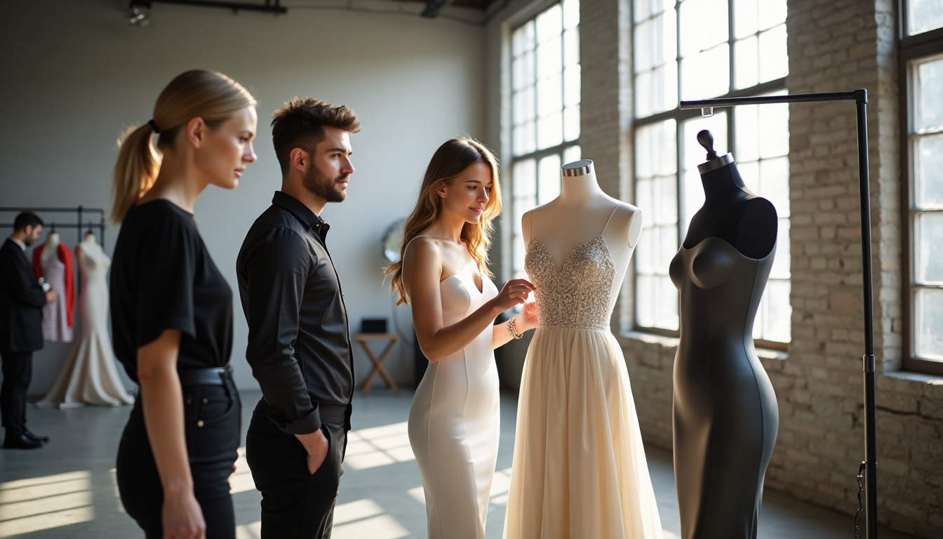 Designers and model review gowns backstage with signage