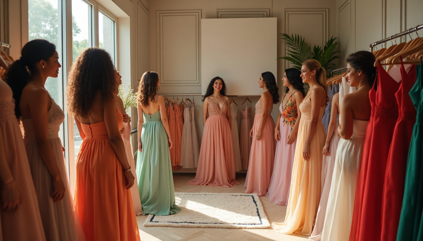 Women trying evening gowns in a warmly lit boutique