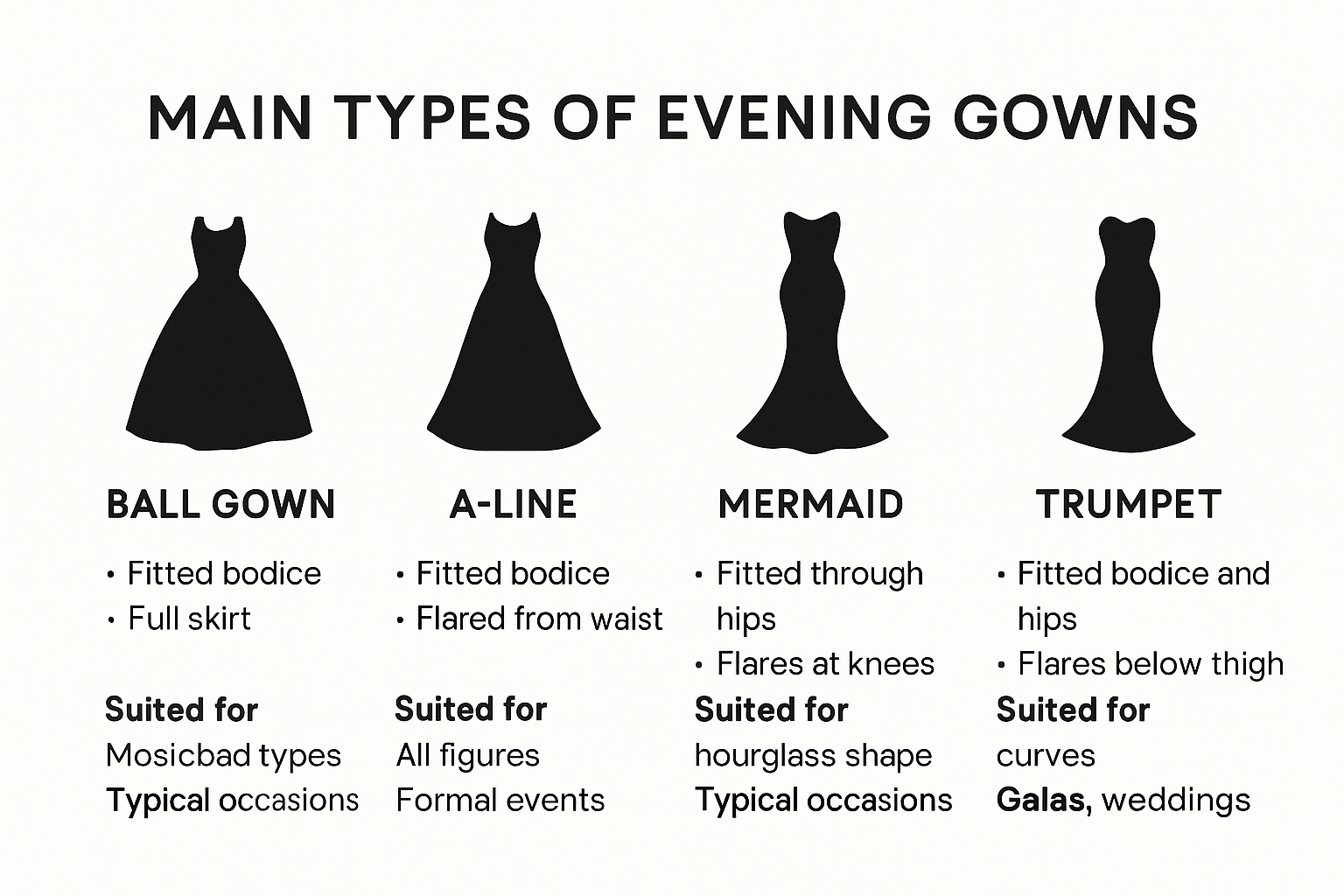 Infographic comparing popular types of evening gowns