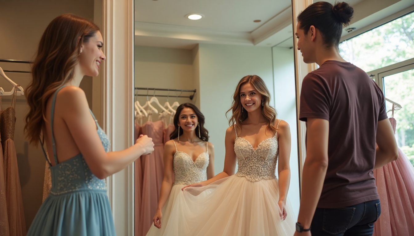 Teen girls trying prom dresses in sunlit boutique with stylist