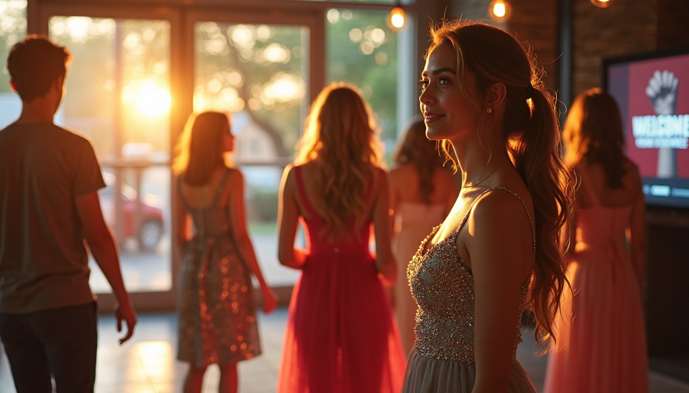 Teens in prom dresses entering an elegant sunlit event hall