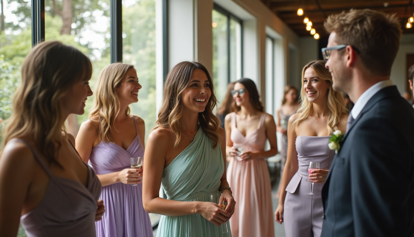 Fashionably dressed wedding guests socialize in bright indoor reception