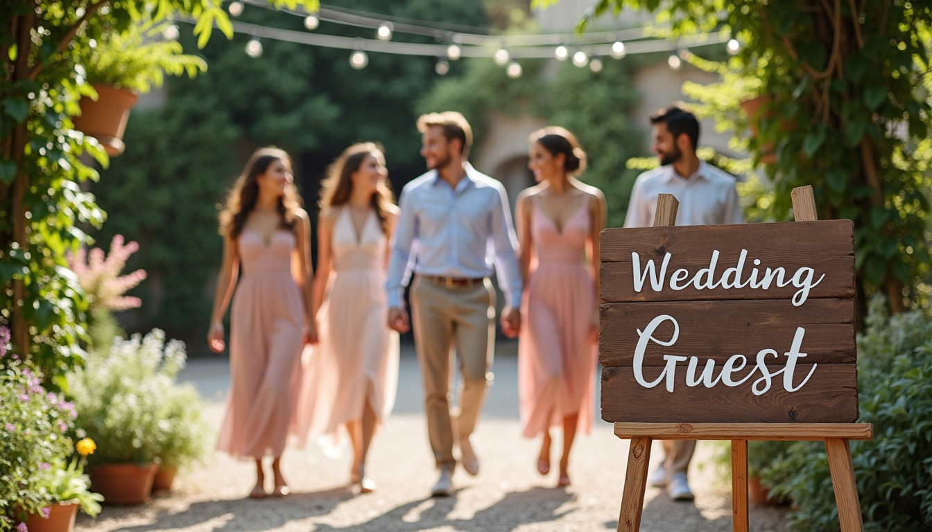 Wedding guests in elegant attire arrive at outdoor venue with welcome sign