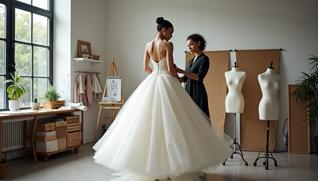 Fashion designer fitting and tailoring dramatic ball gown in studio