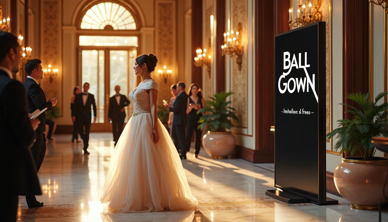 Elegant gala guests greet each other in evening ball gowns