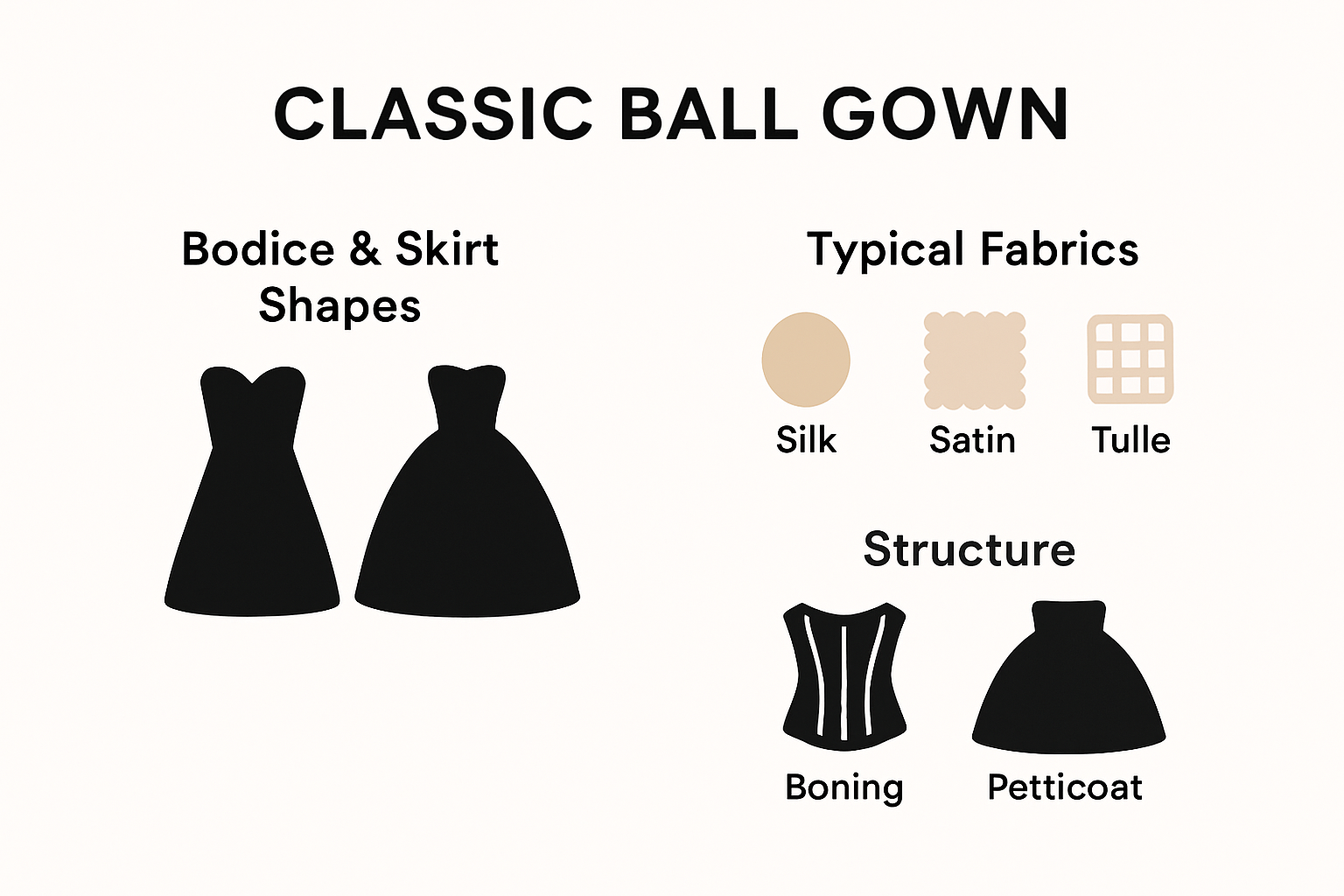 Infographic showing ball gown features and structure