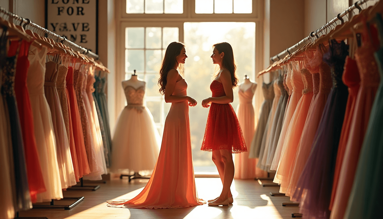 Two women shopping for dresses in a sunlit boutique, excited and smiling