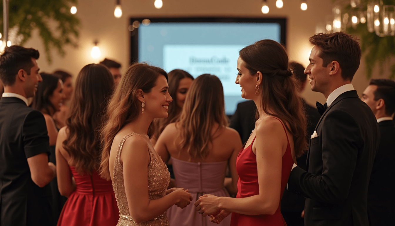Guests wearing long and short dresses at a modern event, laughing together