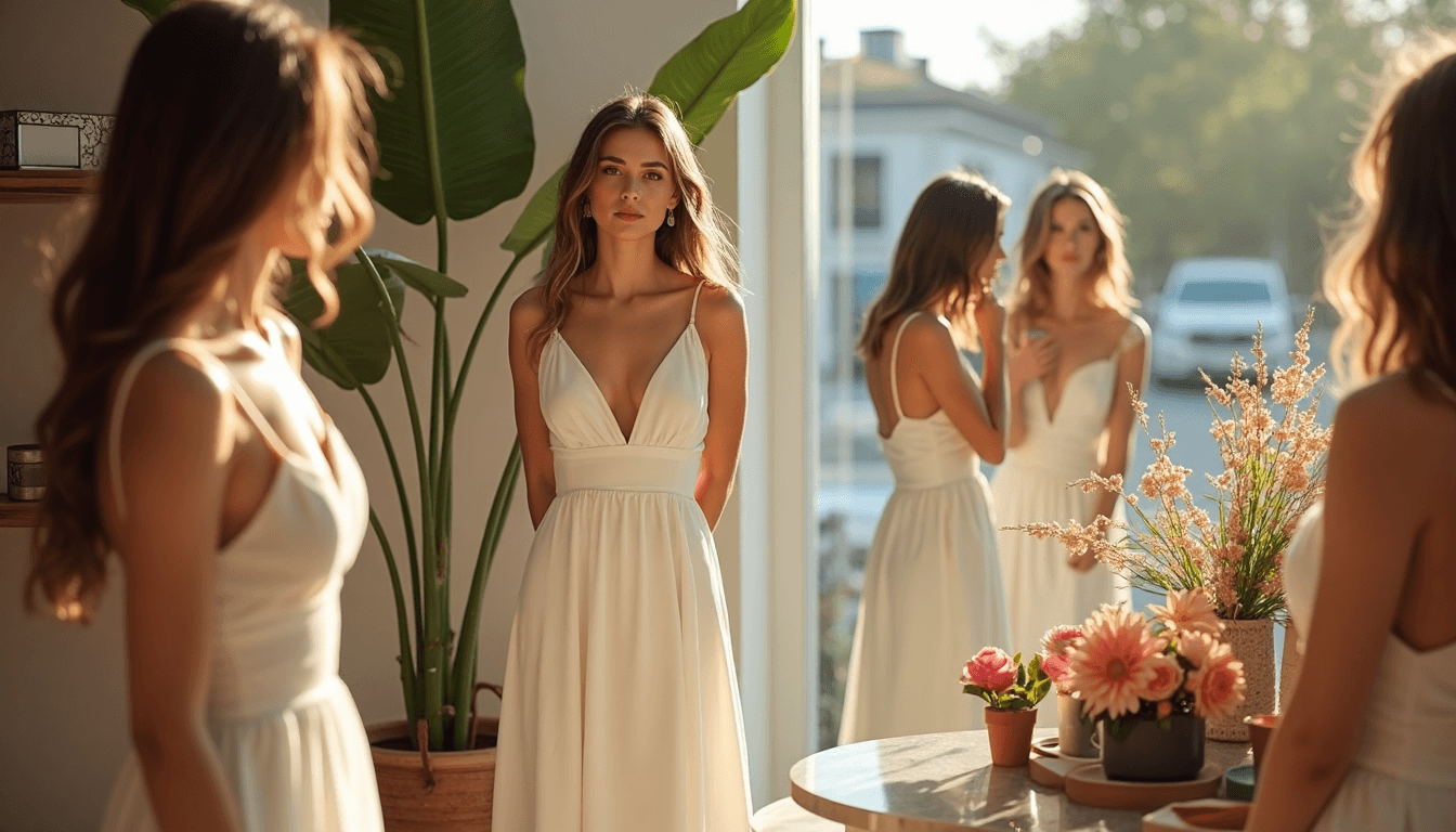 Women trying on maxi dresses in sunlit boutique