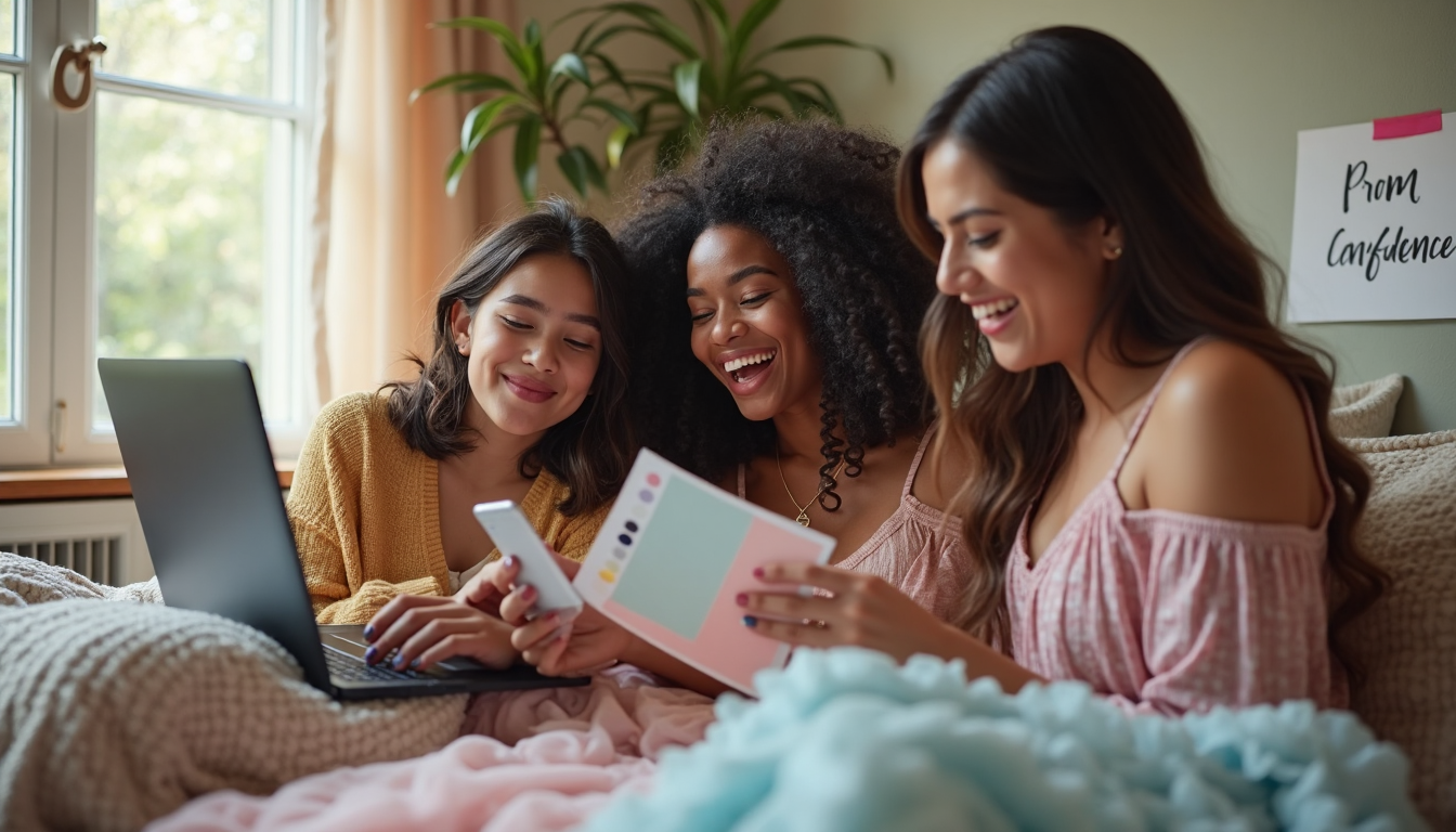 Teens planning prom dresses in cozy bedroom with 'Prom Confidence' poster
