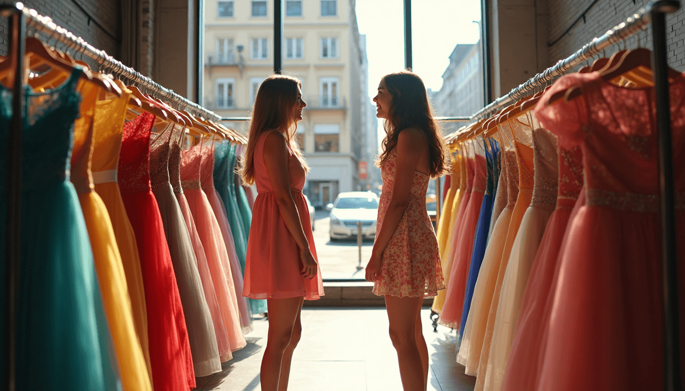 Teens shopping for prom dresses in bright boutique with 'Prom Dress Guide' sign