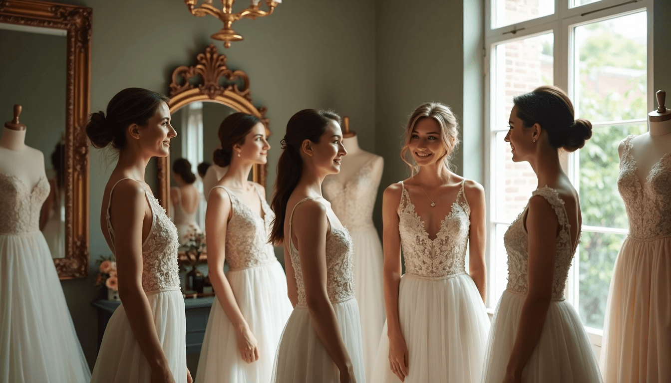 Young women trying on vintage-inspired prom and wedding gowns in a boutique, evoking timeless elegance