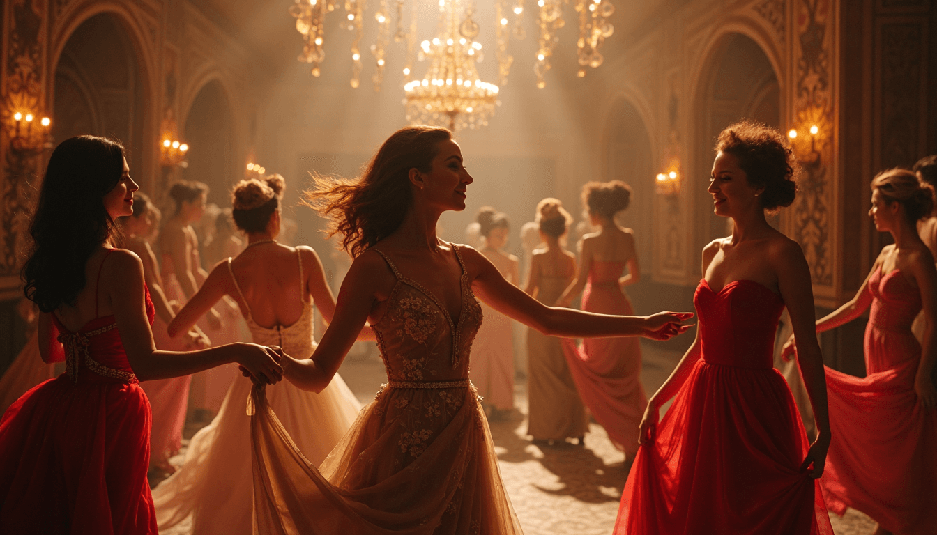 Women in vintage-inspired ball gowns and art deco dresses enjoying a formal event