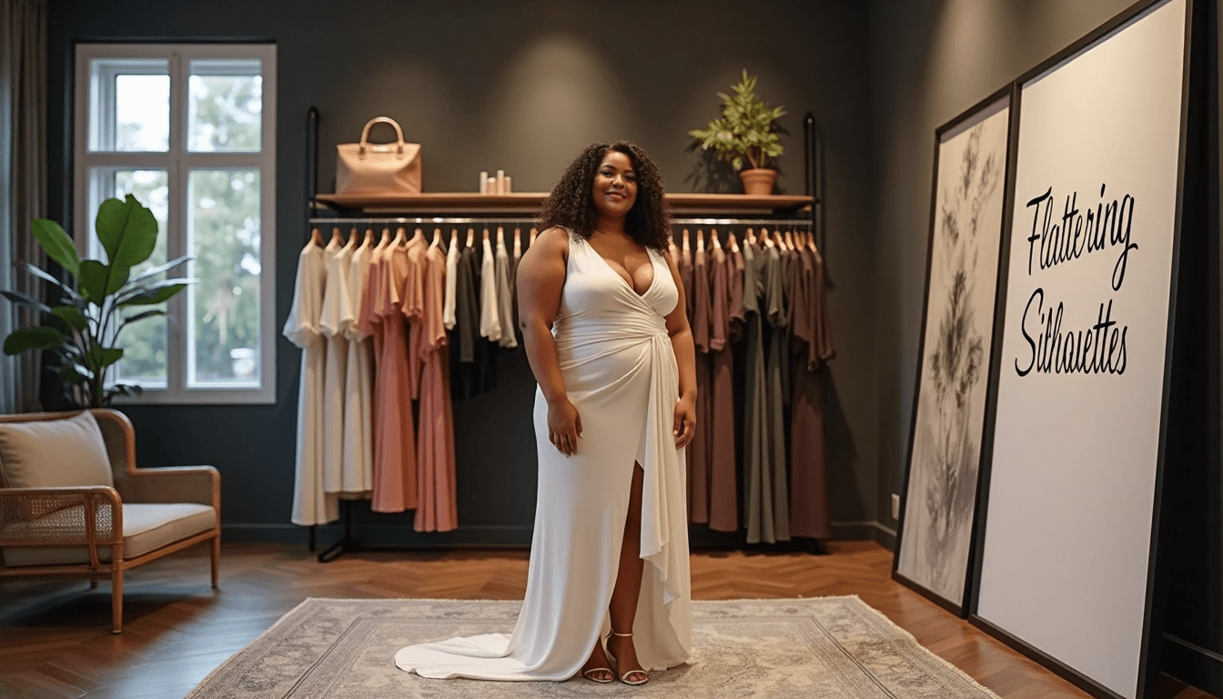 Apple-shaped woman in dressing room trying on flattering formal dress