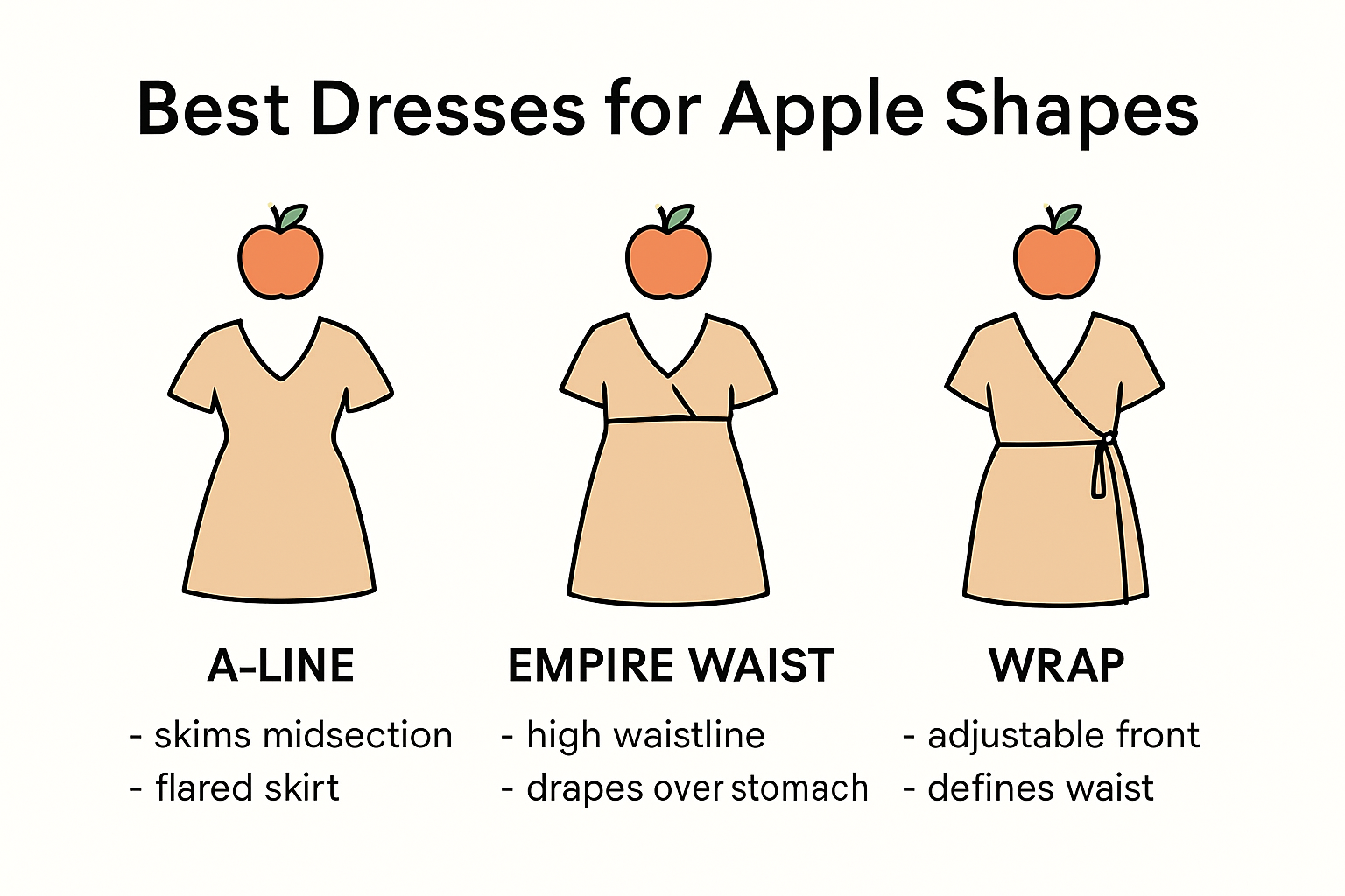 Infographic showing flattering dress types for apple body shape