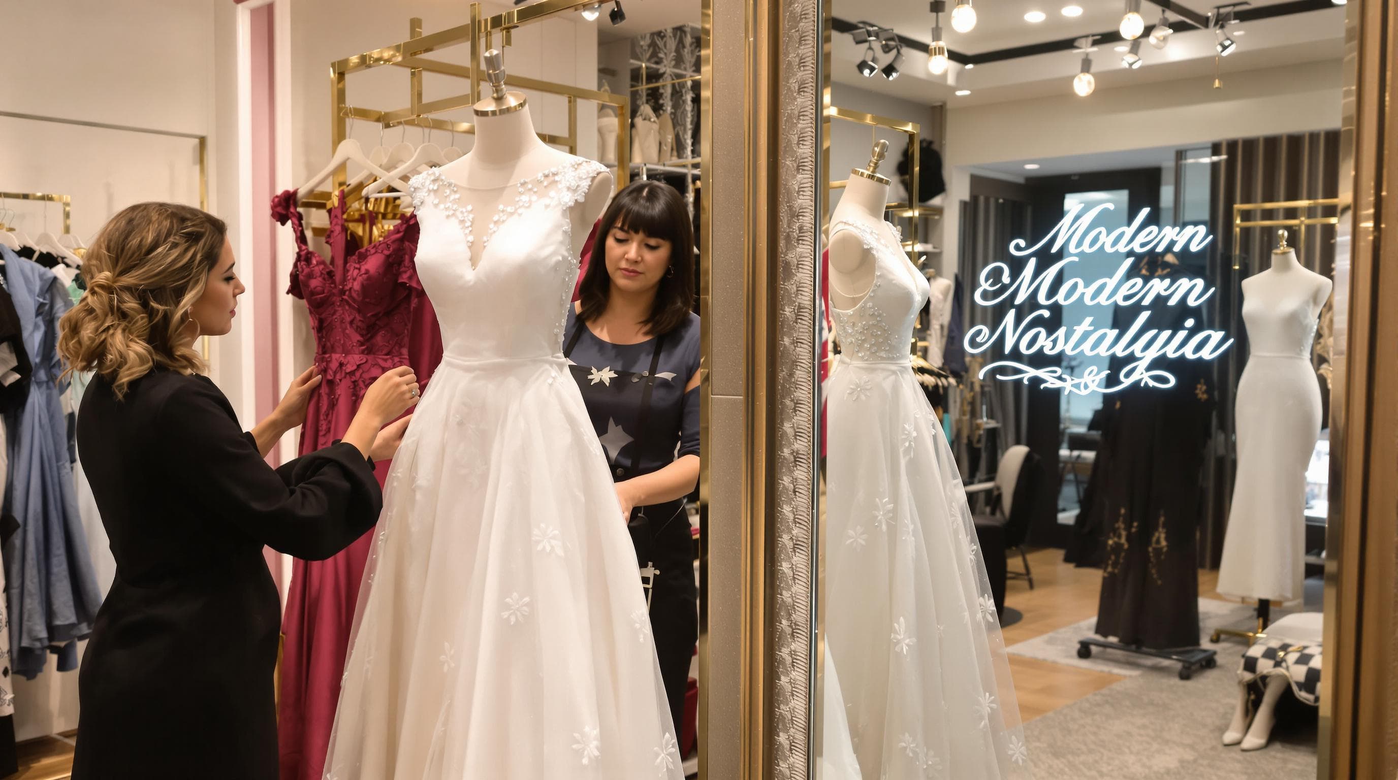 Women fitting vintage inspired dresses with tailor in boutique