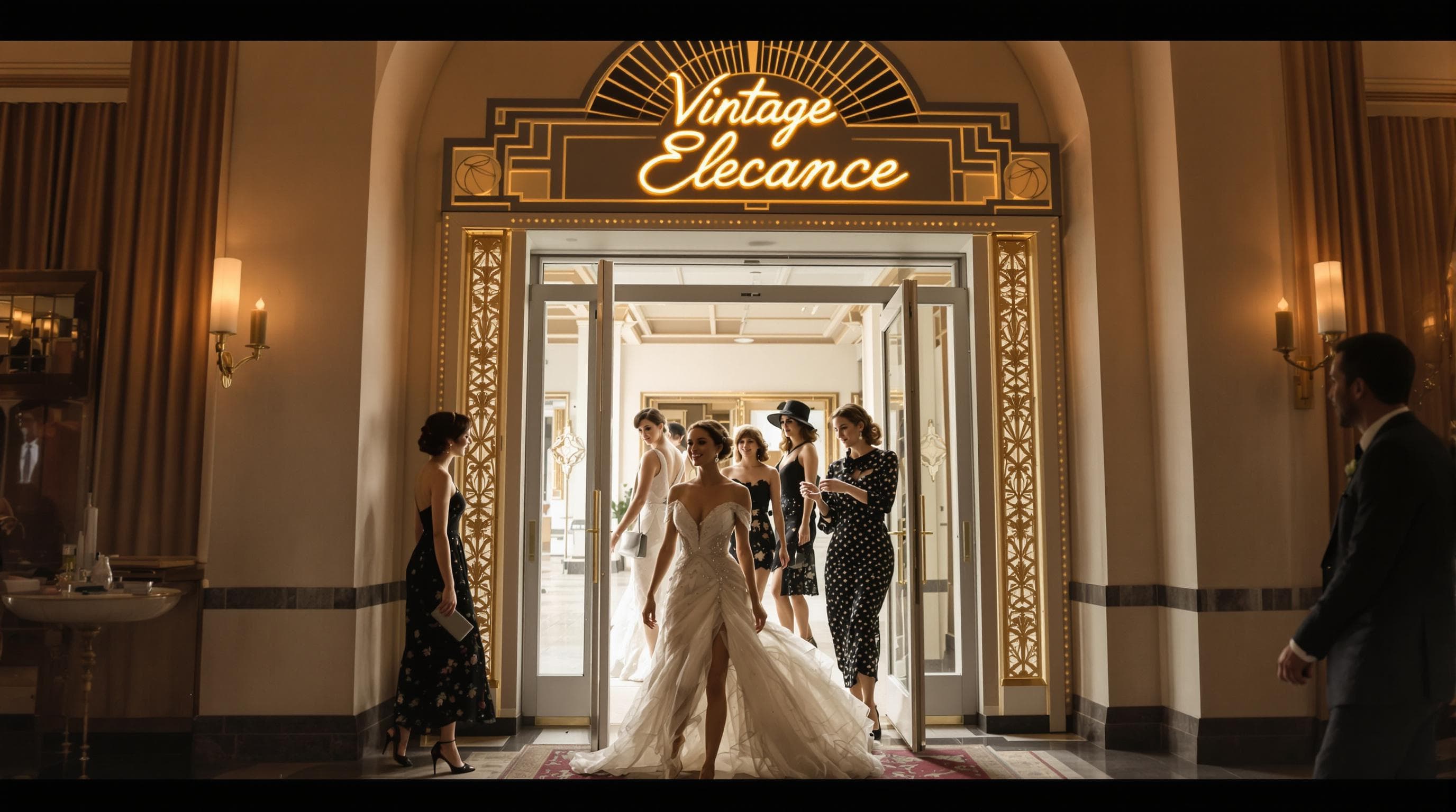 Group in vintage formal attire entering elegant event venue