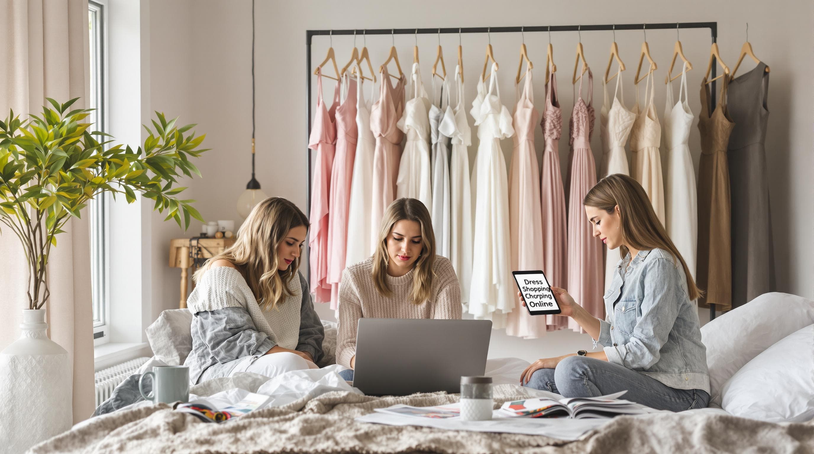 Teens shopping online for prom dresses in a bright bedroom